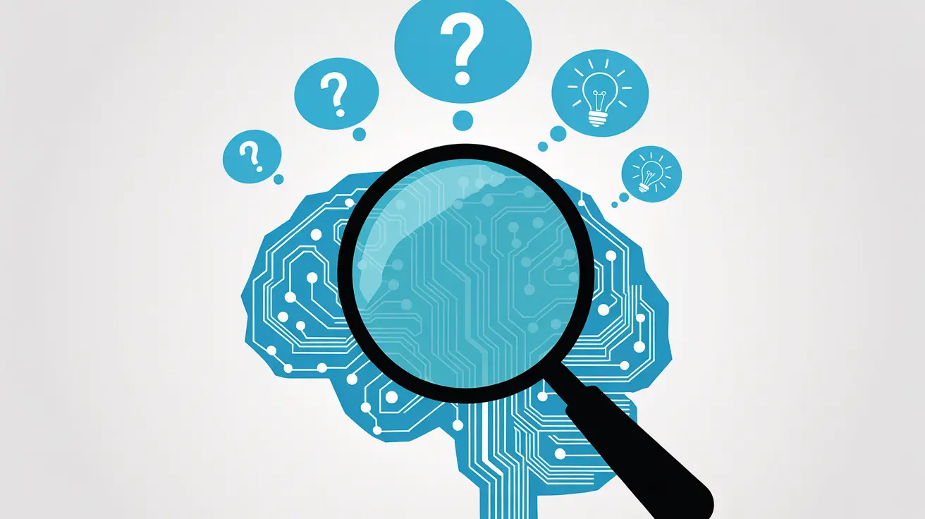 Illustration: Lupe untersucht eine Schaltkreis-Gehirnform, Fragezeichen werden zu Glühbirnen