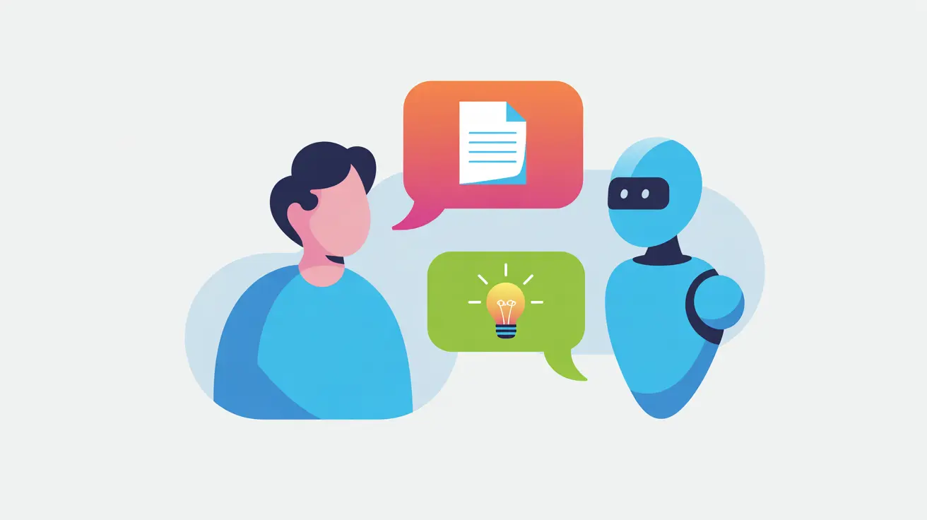 Illustration: Freundliche Chat-Oberfläche mit Sprechblasen zwischen Mensch und KI