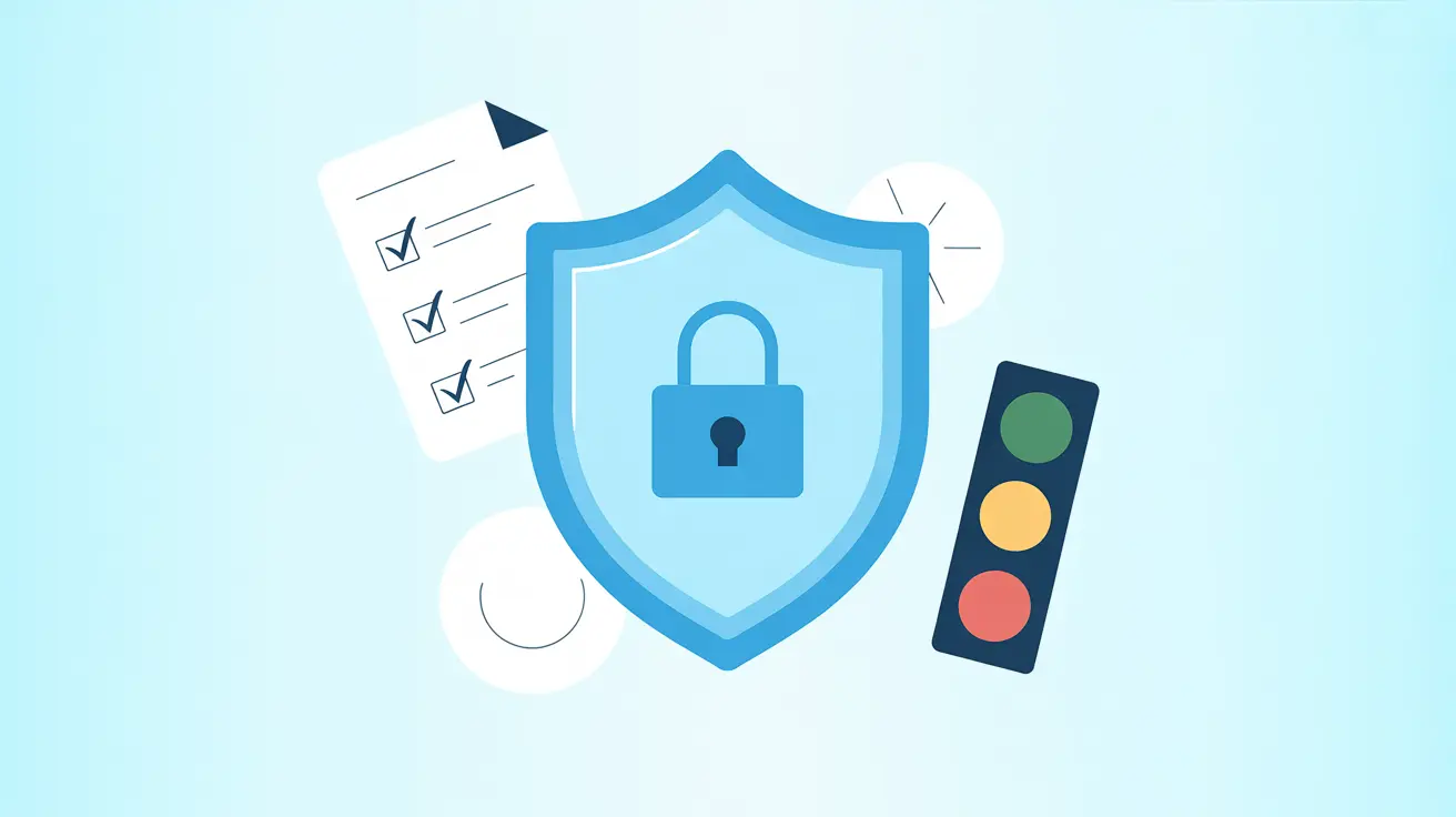 Illustration: Schild mit Schloss, umgeben von Datenschutz-Checkliste und Ampel