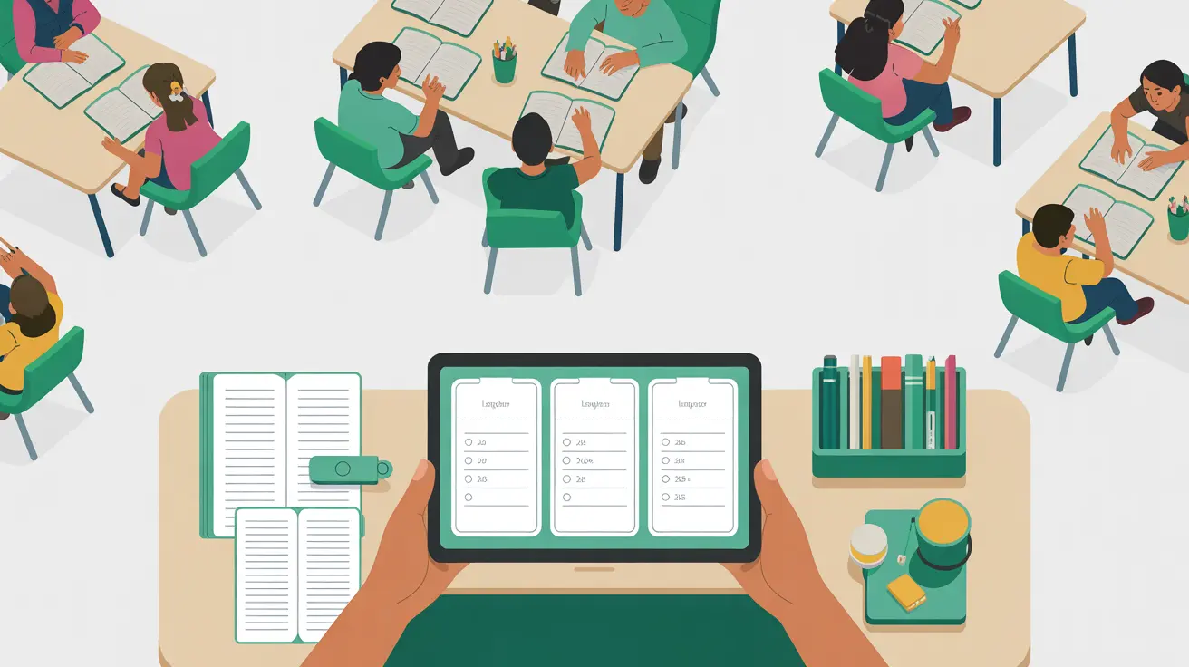 Illustration: Klassenzimmer von oben mit differenzierten Arbeitsblättern und Gruppenarbeit