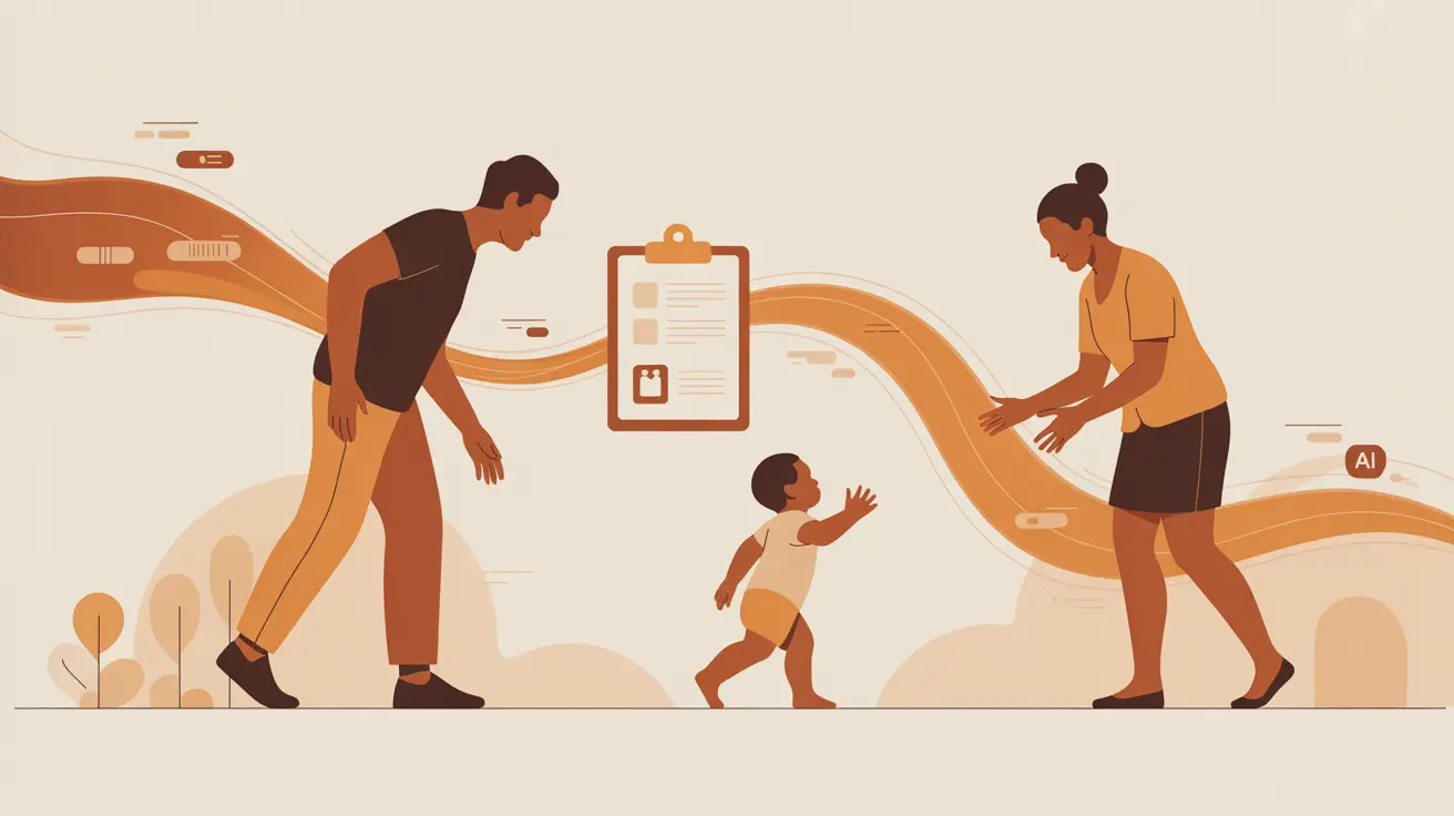 Illustration: Kind geht erste Schritte von Eltern zur Erzieherin, Dokumentation fließt dazwischen