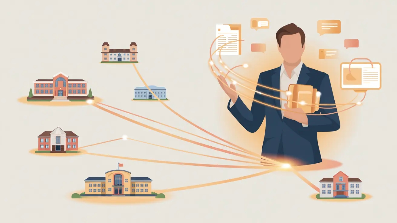 Illustration: Beratungsfigur verbindet mehrere Kita-Gebäude mit leuchtenden Linien und Toolkit