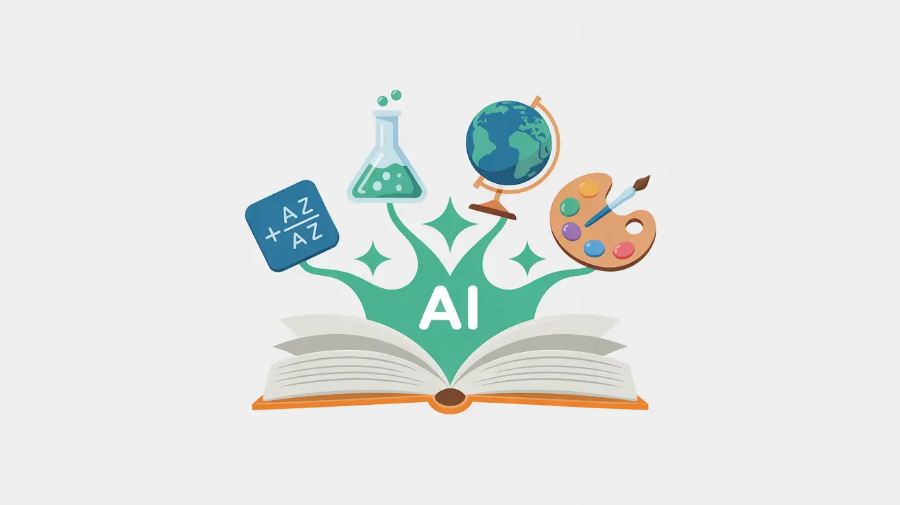 Illustration: Offenes Buch mit schwebenden Fachsymbolen, verbunden durch KI-Funken