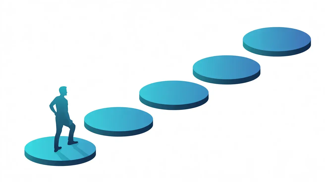 Illustration: Sechs Trittsteine führen aufwärts, Person startet den Lernpfad
