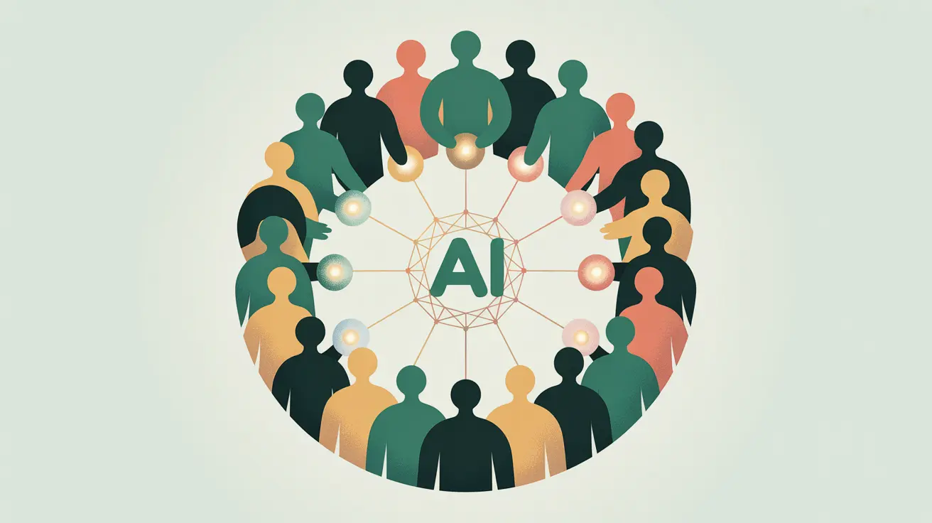 Illustration: Vielfältige Figuren im Kreis, verbunden durch leuchtende Linien mit KI-Symbol in der Mitte