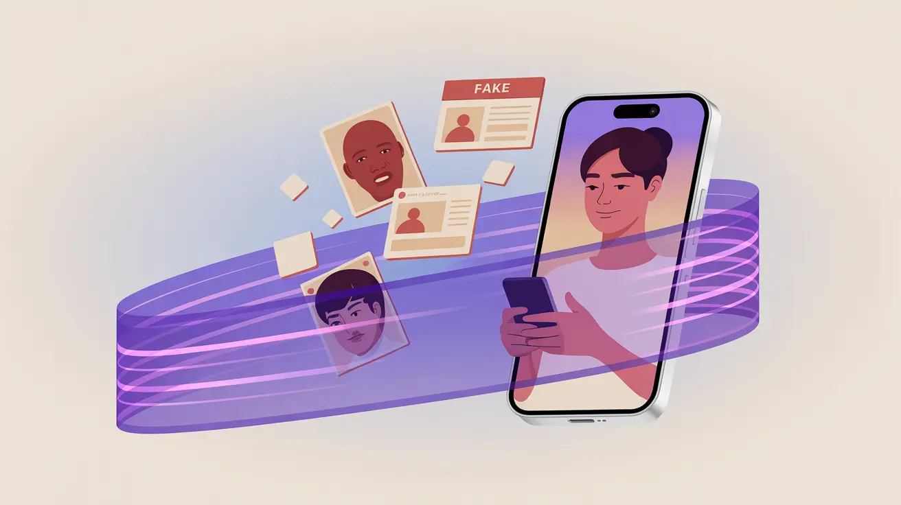Illustration: Schutzschild um ein Smartphone wehrt Risiken wie Deepfakes und Datenlecks ab