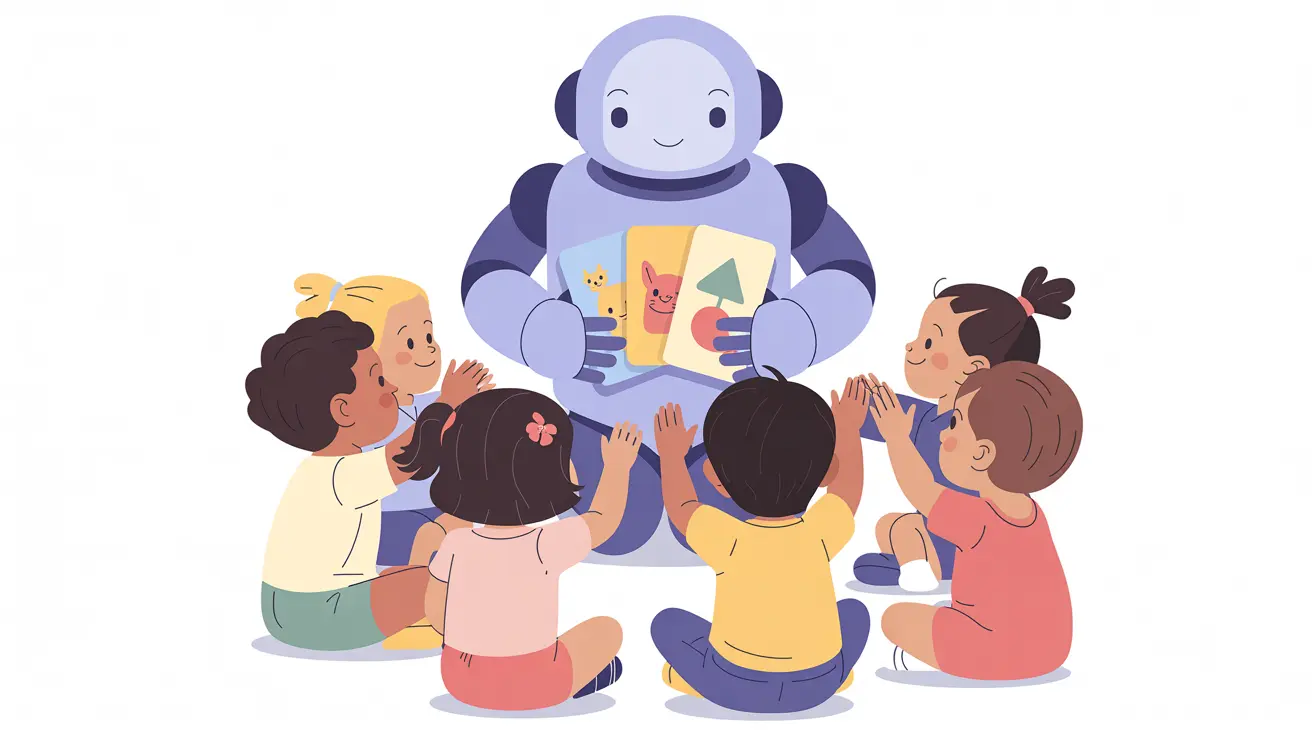 Illustration: Kinder sitzen im Kreis um eine freundliche Roboterfigur mit Bildkarten