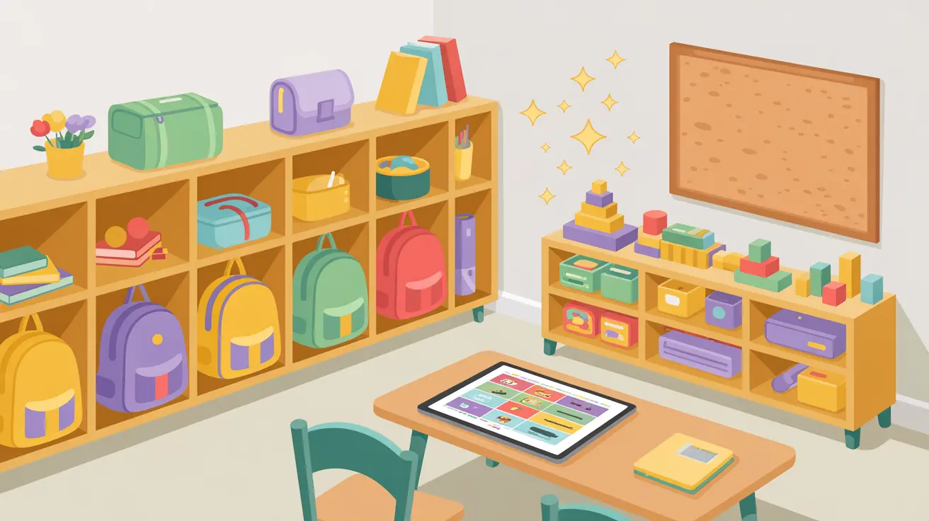 Illustration: Gemütliche Kita-Szene mit Pinnwand, Elternbrief und Wochenplan auf Tablet