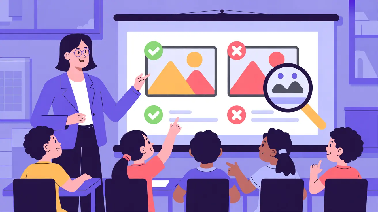 Illustration: Lehrperson zeigt echtes Foto neben KI-Bild, Kinder beobachten und bewerten