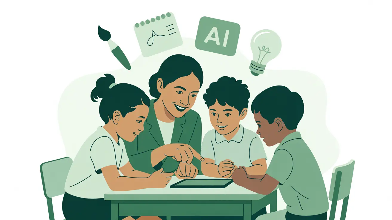 Illustration: Klassenzimmer mit Kindern, die gemeinsam an einem KI-Projekt arbeiten, Bücher und ein Tablet auf dem Tisch