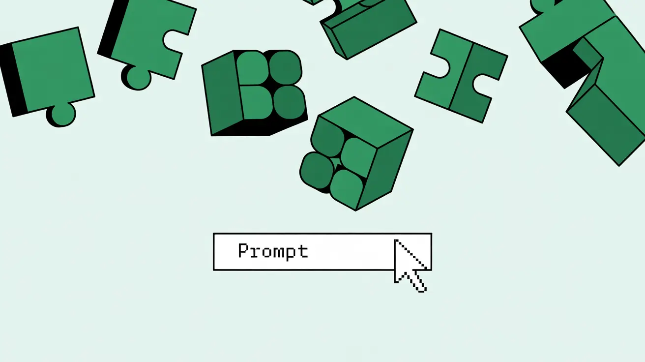 Illustration: Prompt-Eingabefeld mit schwebenden Bausteinen, die sich wie Puzzleteile zusammenfügen