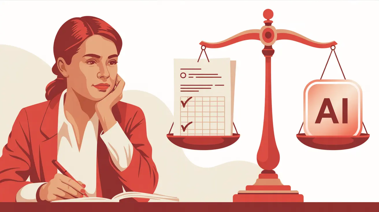 Illustration: Klassenzimmer mit Klausur und Balkenwaage zwischen KI-Symbol und Schülerarbeit