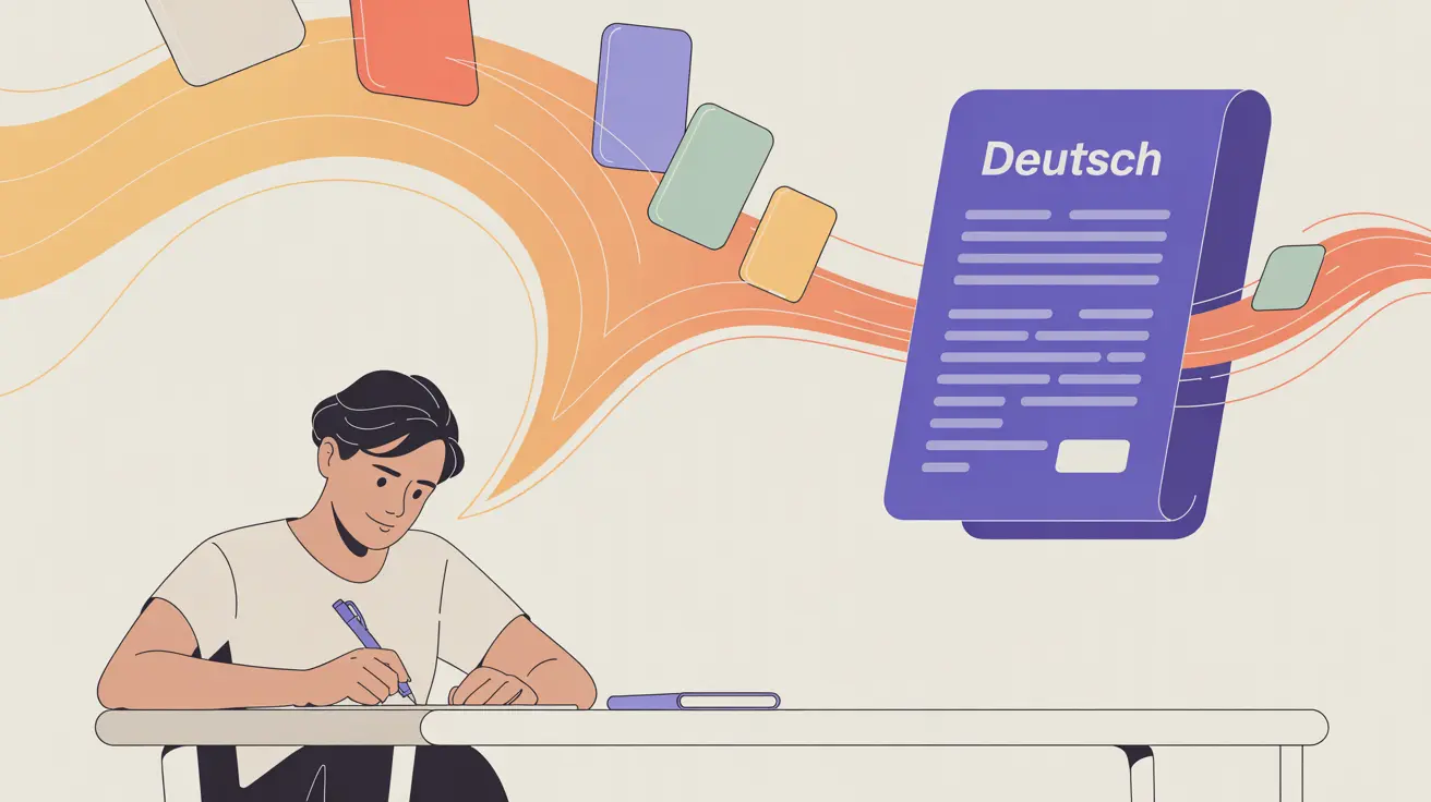Illustration: Person schreibt am Schreibtisch, Sprachbrücke verwandelt Text in professionelles Deutsch