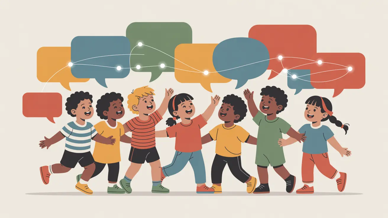 Illustration: Sprechblasen in verschiedenen Sprachen schweben um spielende Kinder, KI verbindet sie