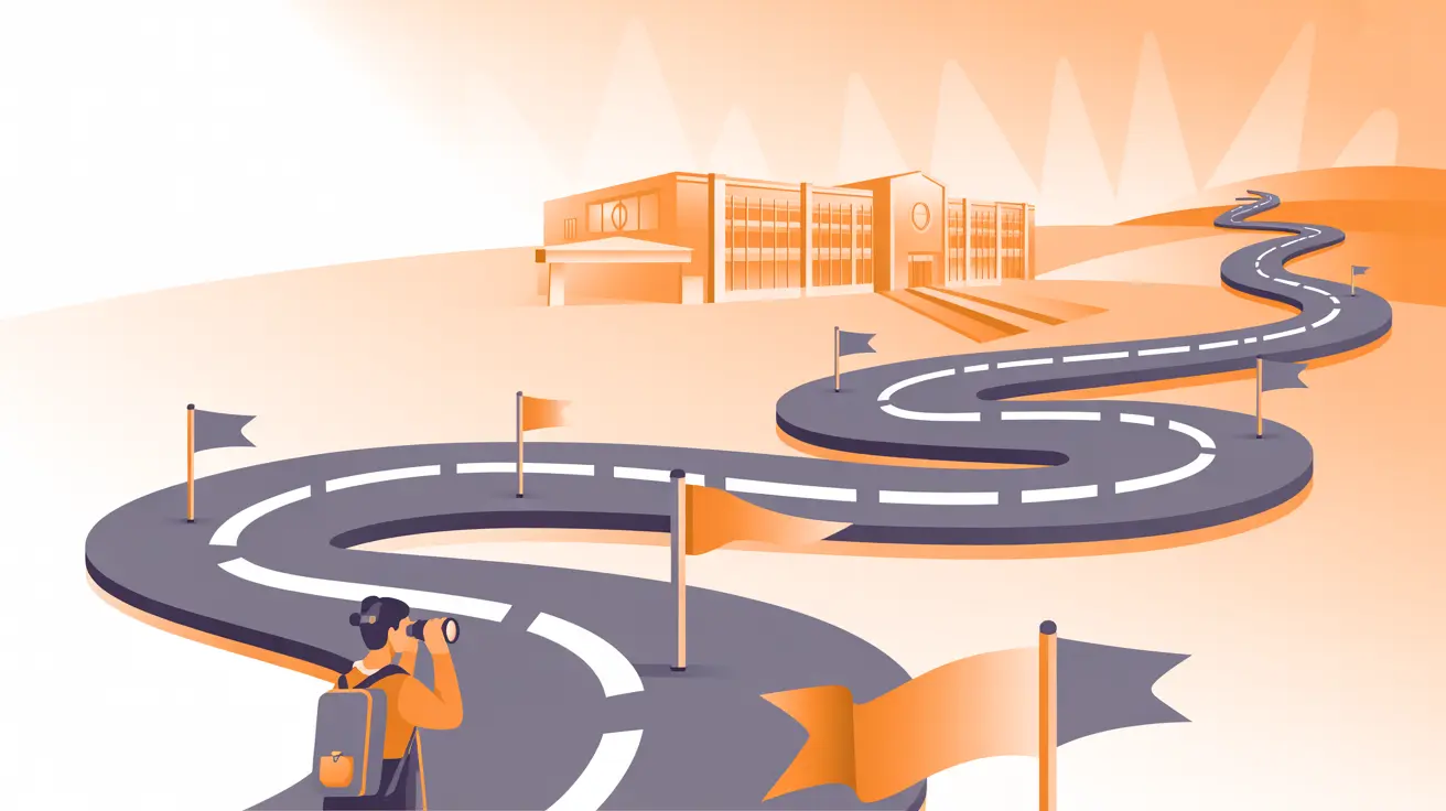 Illustration: Roadmap mit Meilensteinen, Person mit Kompass blickt Richtung Gebäude mit KI-Leuchten