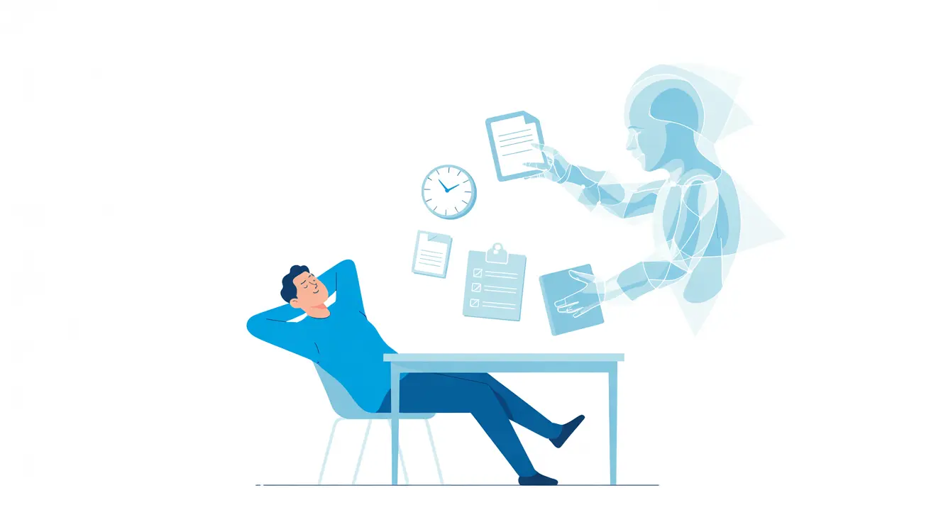 Illustration: Person am Schreibtisch wird durch KI-Assistent entlastet