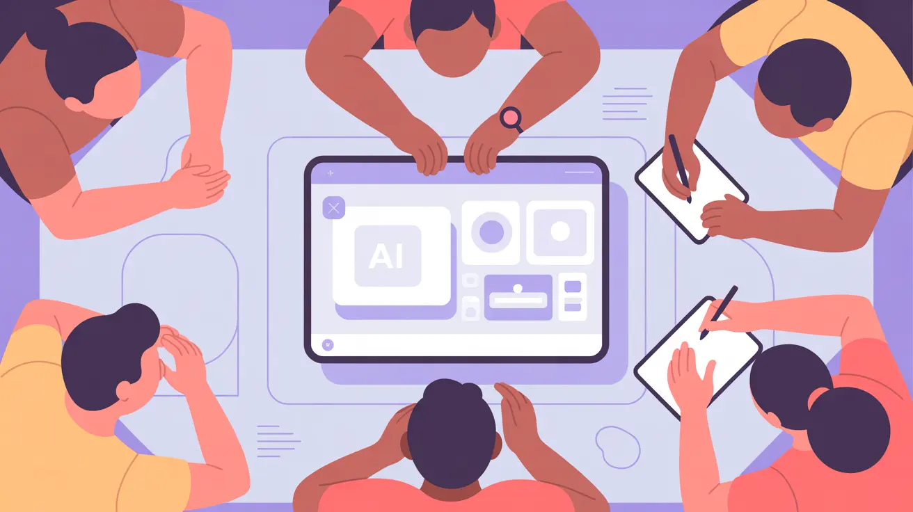 Illustration: Team-Meeting von oben mit gemeinsamer KI-Oberfläche in der Mitte