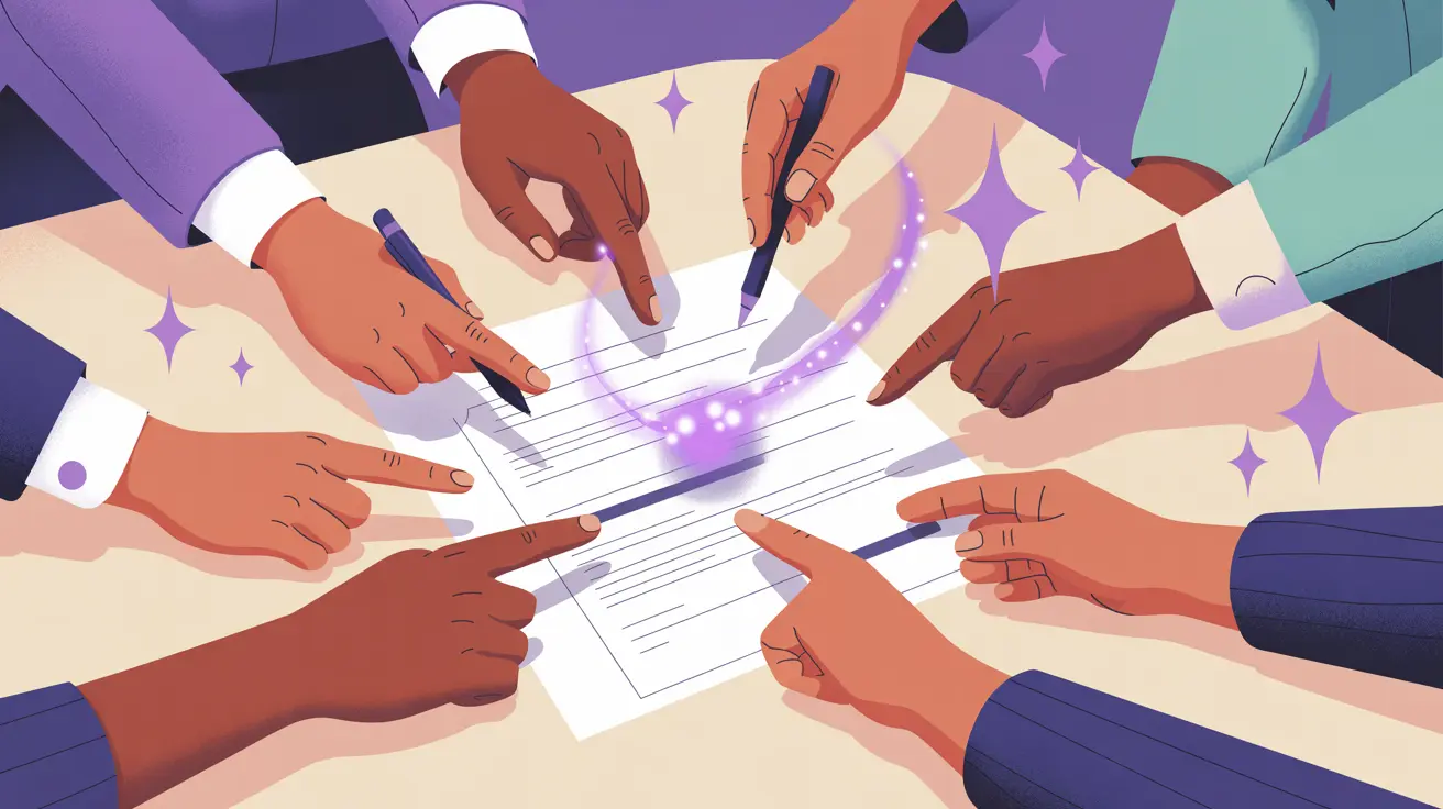 Illustration: Hände verschiedener Personen gestalten gemeinsam ein Dokument mit KI-Unterstützung