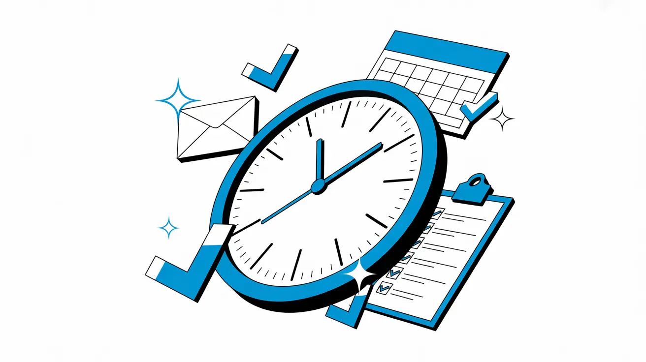 Illustration: Uhr mit erledigten Aufgaben und KI-Funken