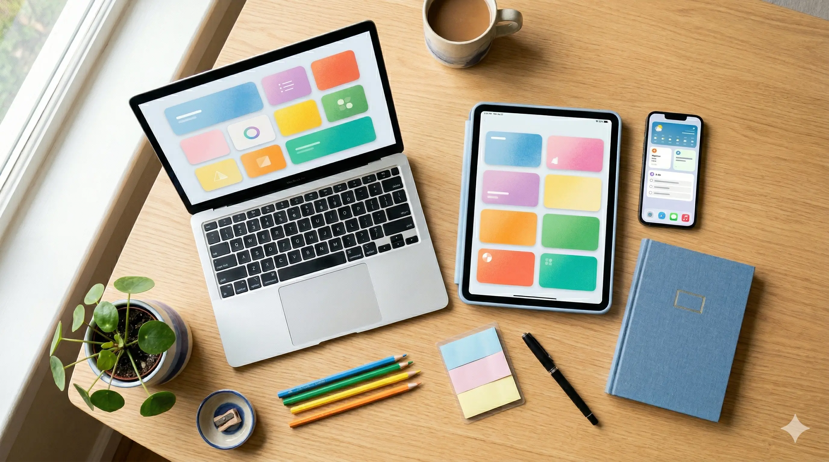 Laptop und Tablet mit Web-Apps auf einem Schreibtisch