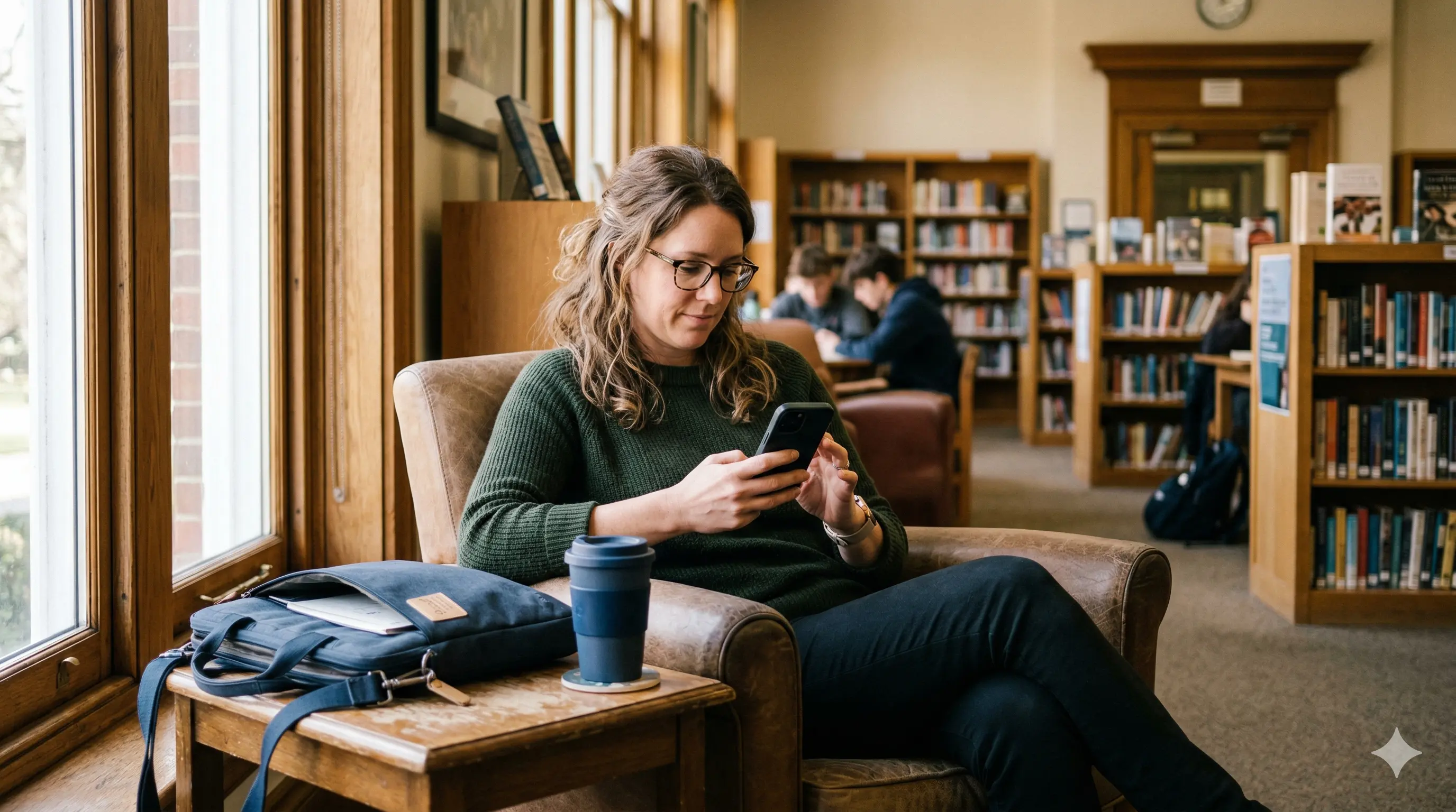 Lehrkraft liest einen Blog-Artikel auf dem Smartphone