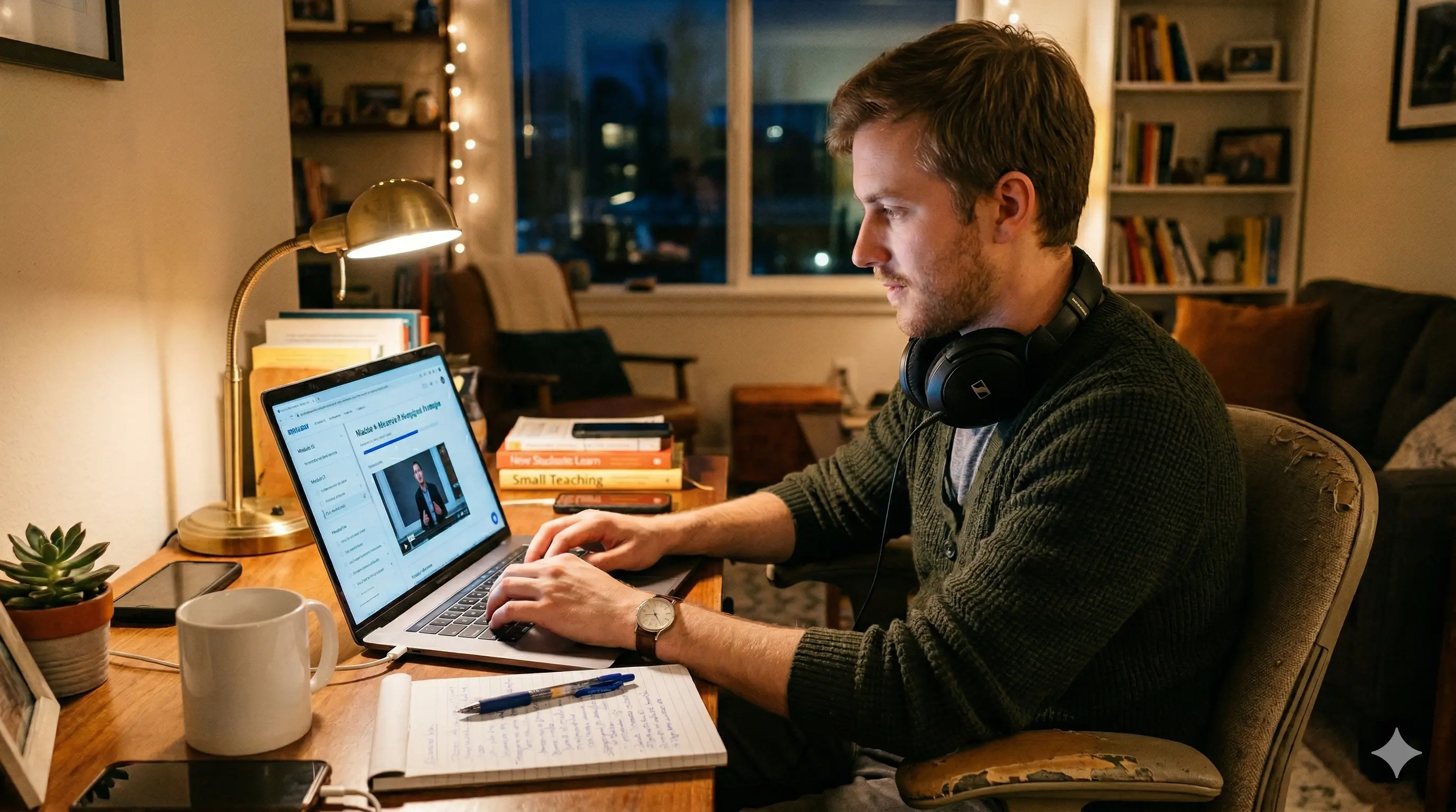 Lehrkraft arbeitet konzentriert an einem Online-Kurs am Laptop