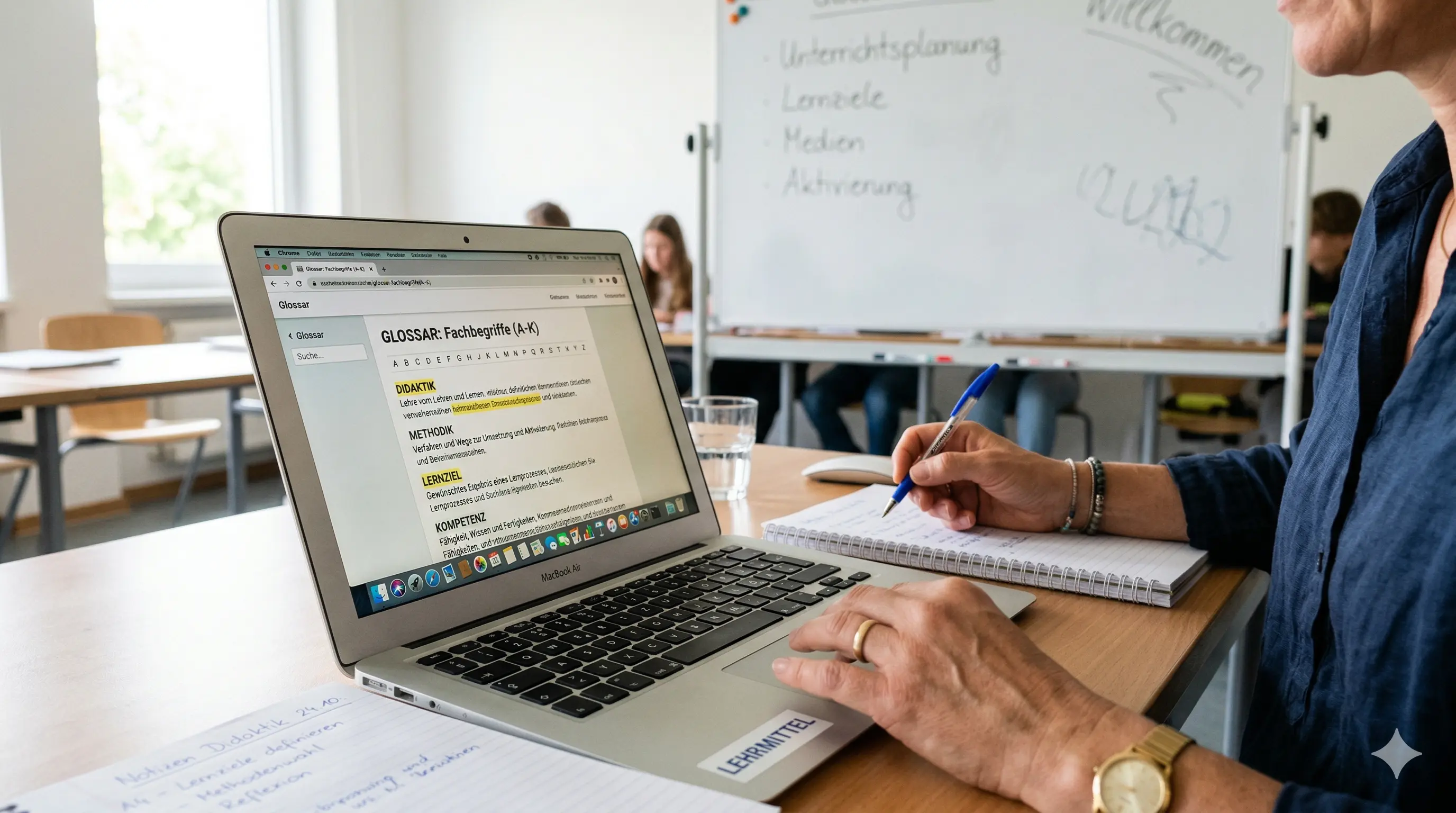 Laptop mit KI-Glossar und Begriffserklärungen im Klassenraum