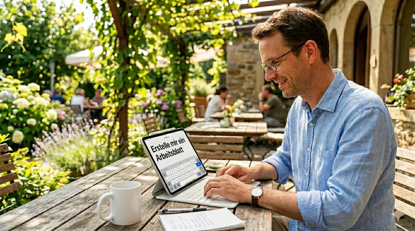 Hände tippen einen Prompt in einen KI-Chatbot am Laptop