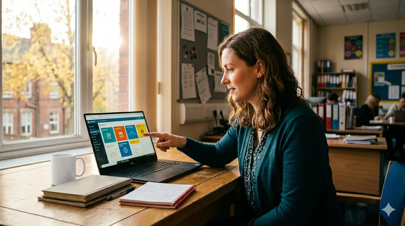 Lehrkraft vergleicht KI-Tools am Laptop im Lehrerzimmer